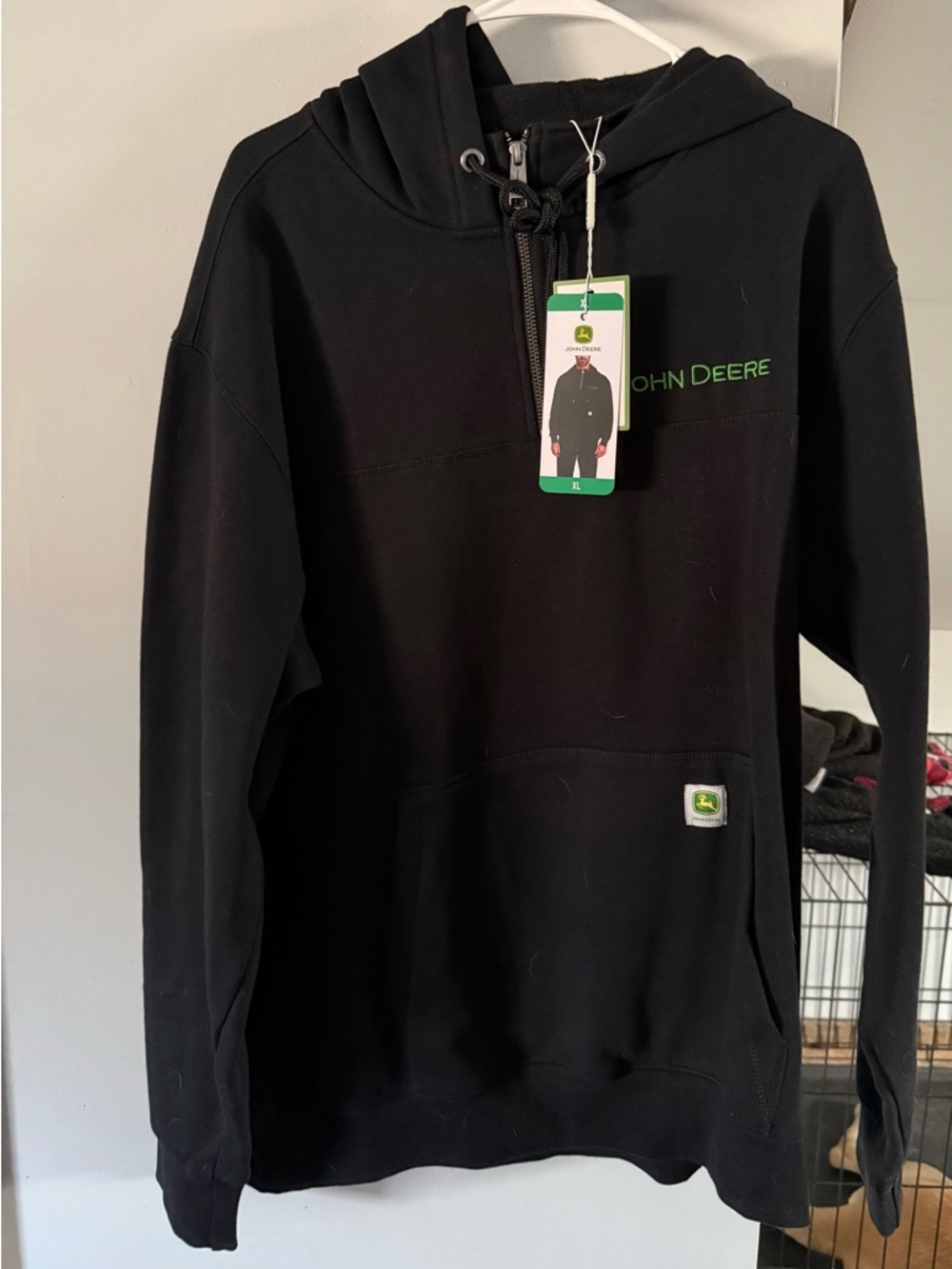 John Deere Black Hooded Zip-Neck Sweatshirt with Green Logo